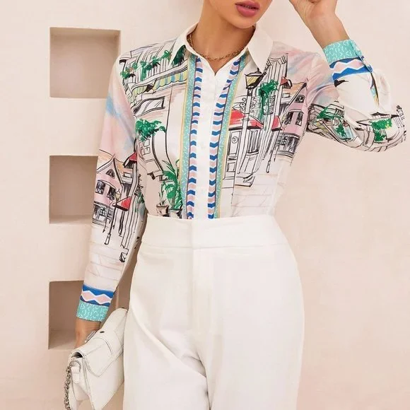 White Boho Womens Street View Print Button Up Shirt - Picture 5 of 5